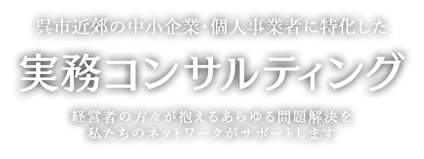 広島県呉市近郊（呉市・東広島市・江田島市・安芸郡など）の中小企業・個人事業者に特化した実務コンサルティング。経営者の方々が抱えるあらゆる問題解決を私たちのネットワークがサポートします。